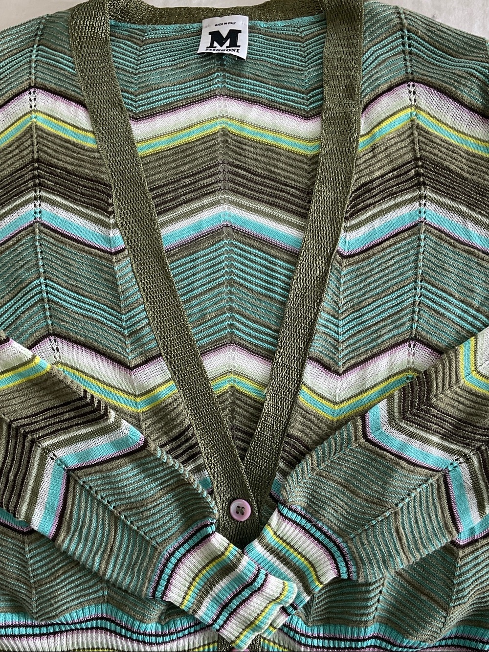Missoni Green Chevron Knit Button-Front Cardigan with Multicolor Stripes - Picture 6 of 10